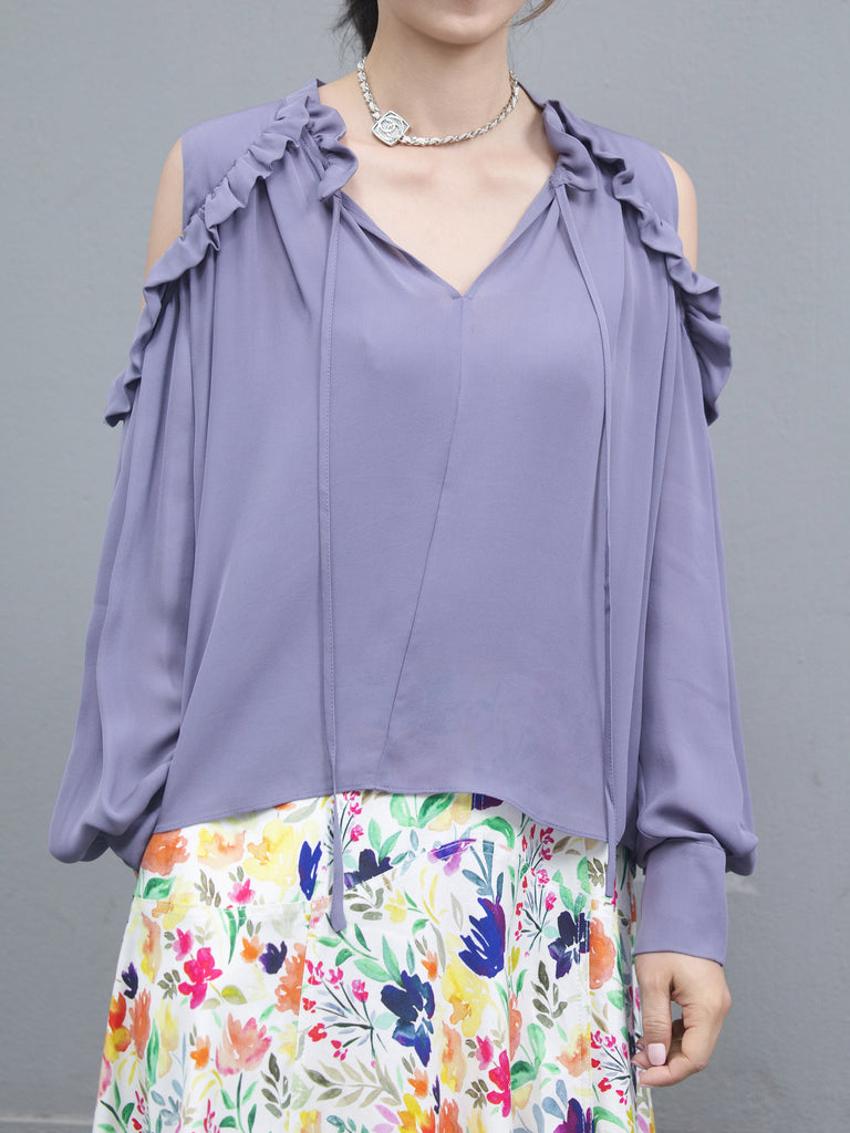 Lilac Purple Ruffled Cold-Shoulder Tie-Neck Silky Blouse