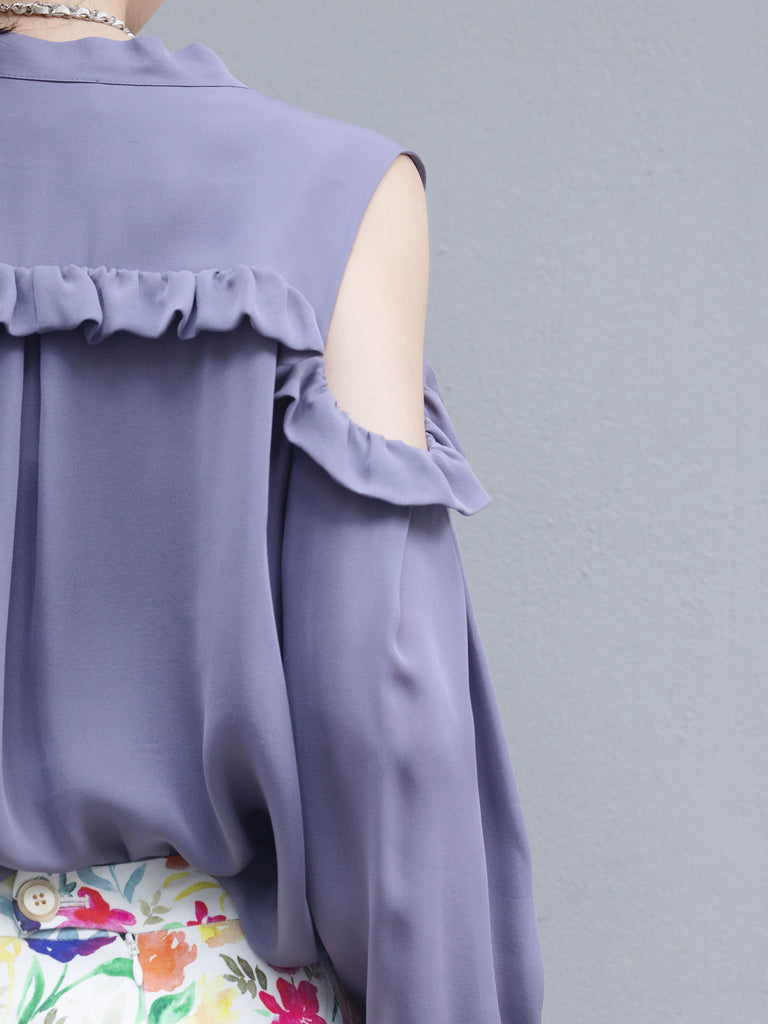 Lilac Purple Ruffled Cold-Shoulder Tie-Neck Silky Blouse