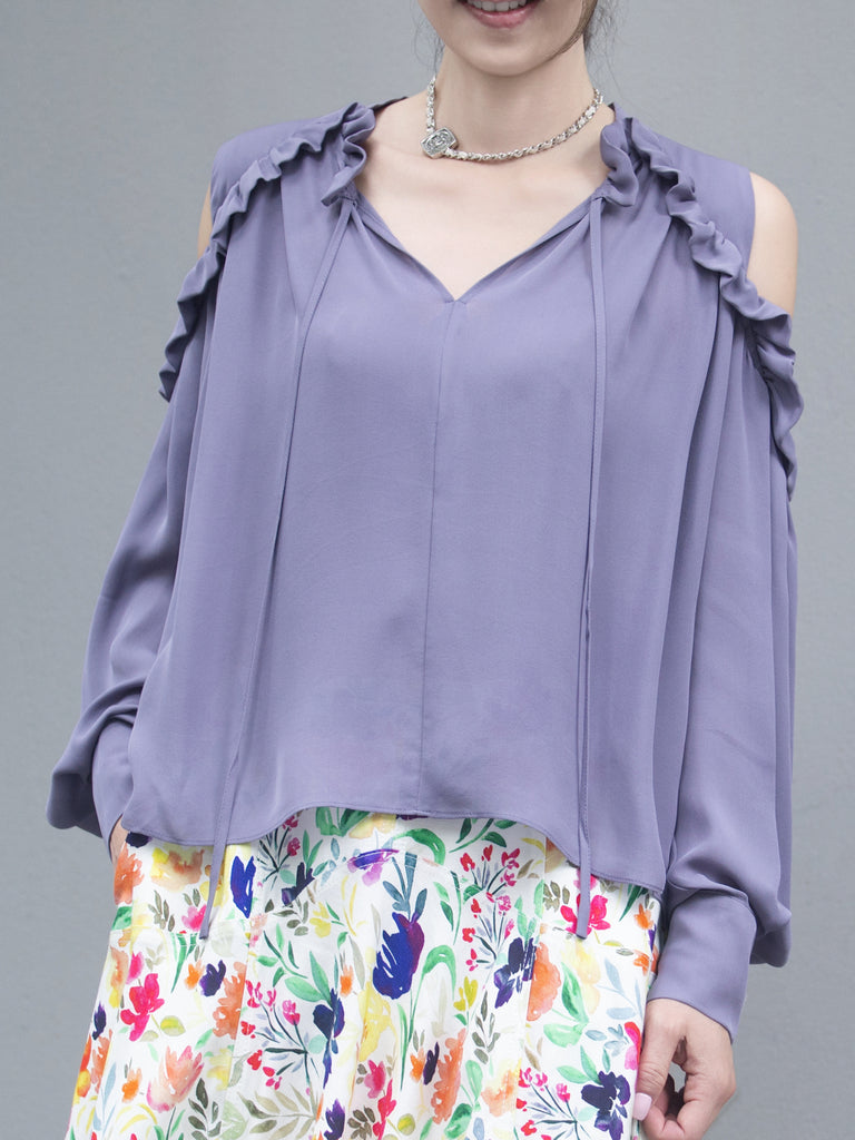 Lilac Purple Ruffled Cold-Shoulder Tie-Neck Silky Blouse