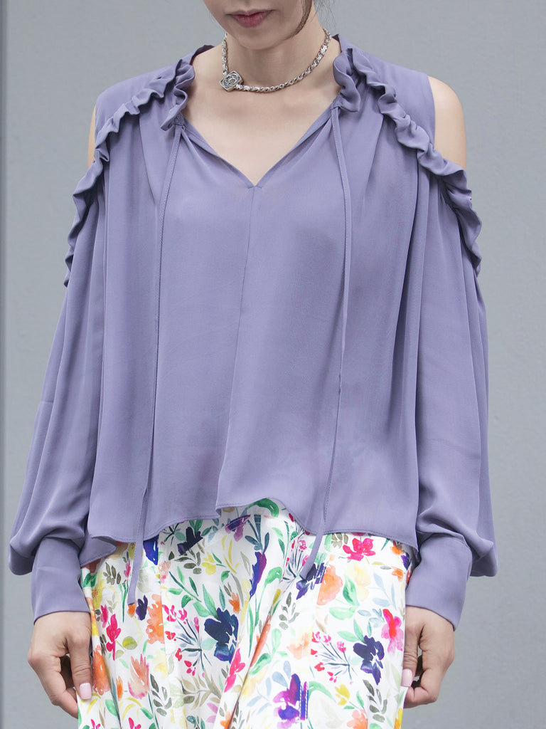 Lilac Purple Ruffled Cold-Shoulder Tie-Neck Silky Blouse