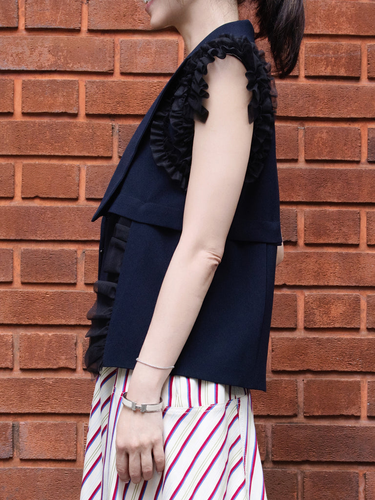 Dark Blue Ruffled Tulle Shoulder Two-Way Sleeveless Blazer