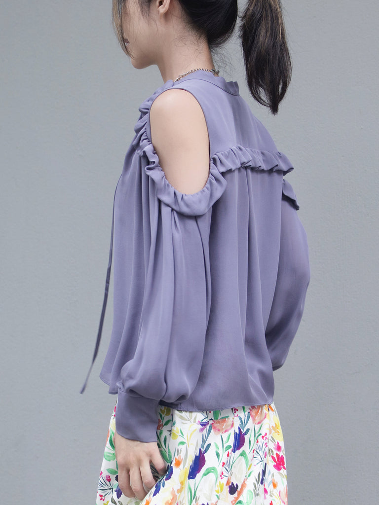 Lilac Purple Ruffled Cold-Shoulder Tie-Neck Silky Blouse