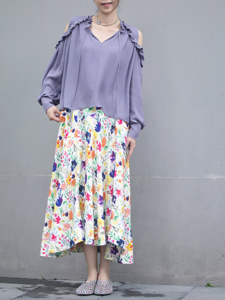 Lilac Purple Ruffled Cold-Shoulder Tie-Neck Silky Blouse