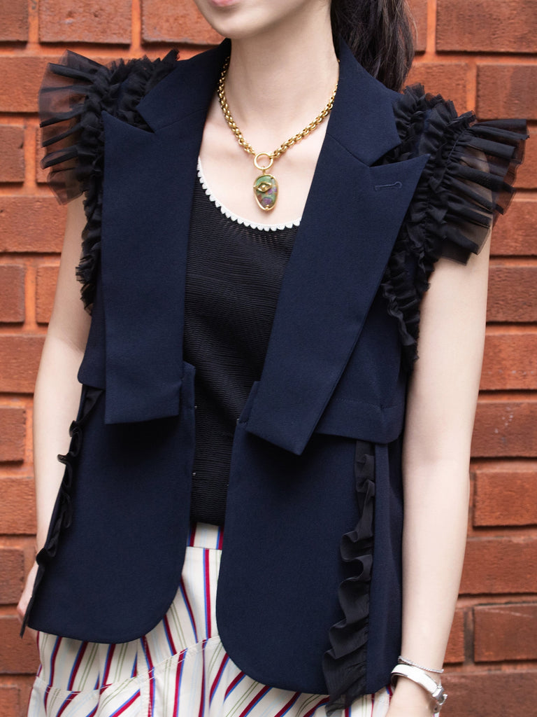 Dark Blue Ruffled Tulle Shoulder Two-Way Sleeveless Blazer