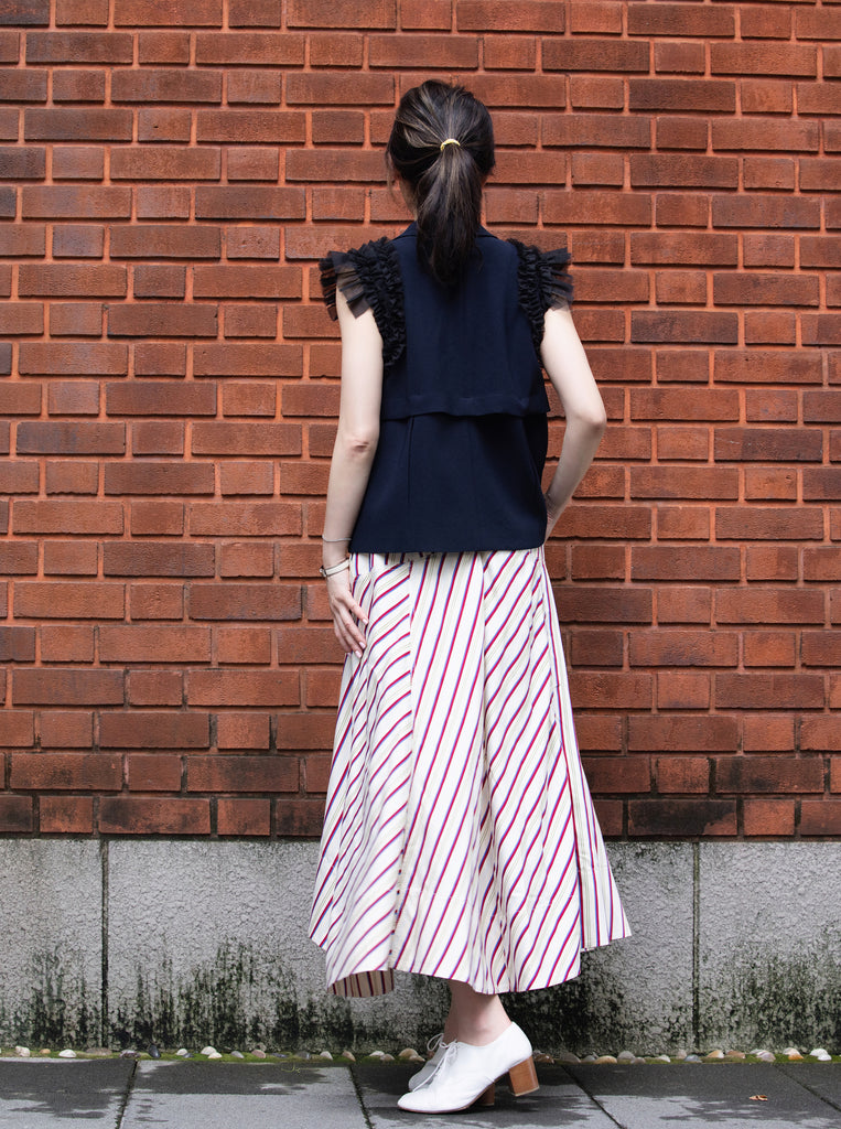 Dark Blue Ruffled Tulle Shoulder Two-Way Sleeveless Blazer