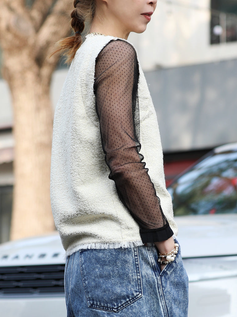 Final Sale! Textured Gold Lurex V-neck Sleeveless Tweed Top