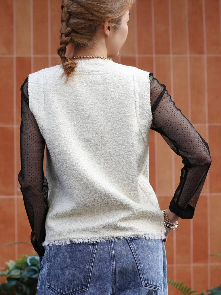 Final Sale! Textured Gold Lurex V-neck Sleeveless Tweed Top