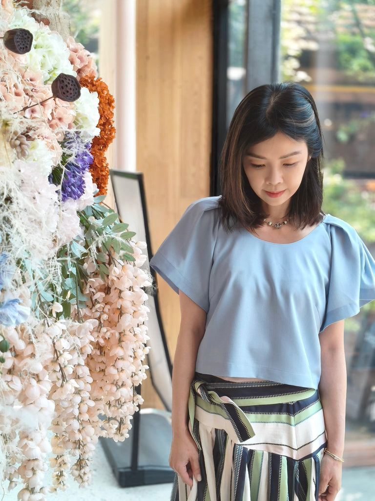 Chambray Sky Blue Flutter Sleeve Crop Blouse