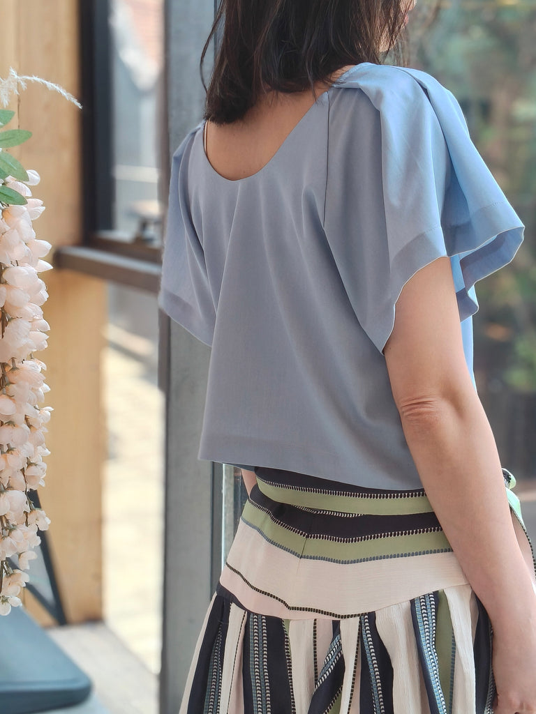 Chambray Sky Blue Flutter Sleeve Crop Blouse