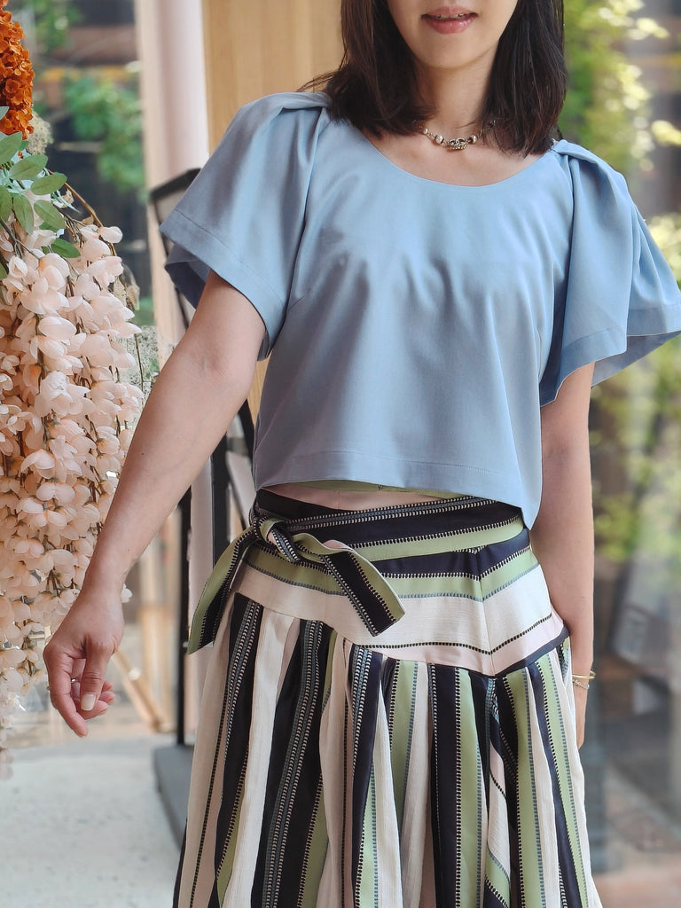 Chambray Sky Blue Flutter Sleeve Crop Blouse