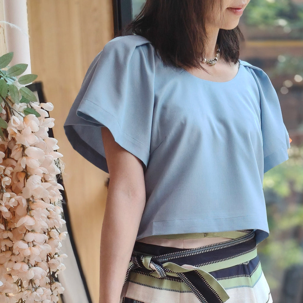 Chambray Sky Blue Flutter Sleeve Crop Blouse