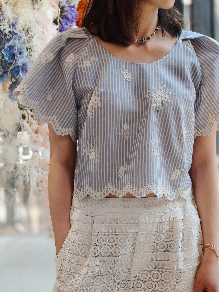 Striped Lace Trim Flutter Sleeve Crop Blouse