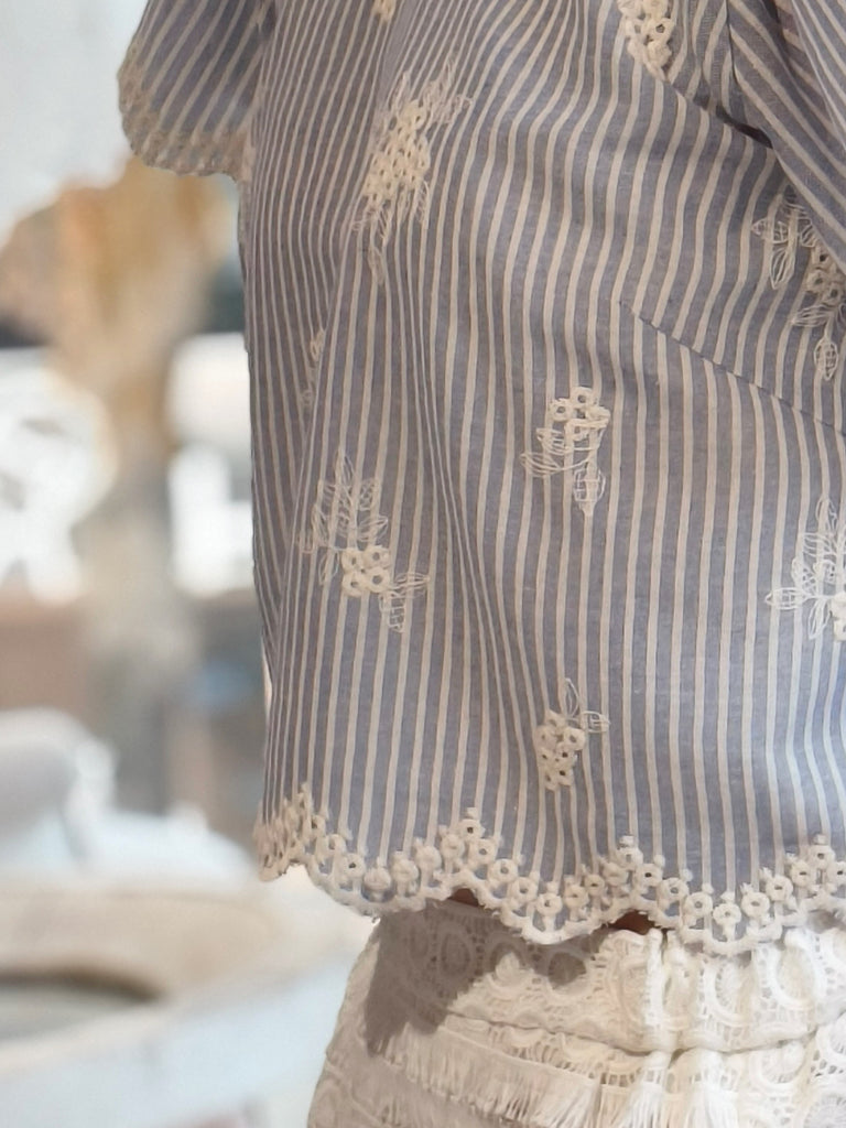 Striped Lace Trim Flutter Sleeve Crop Blouse