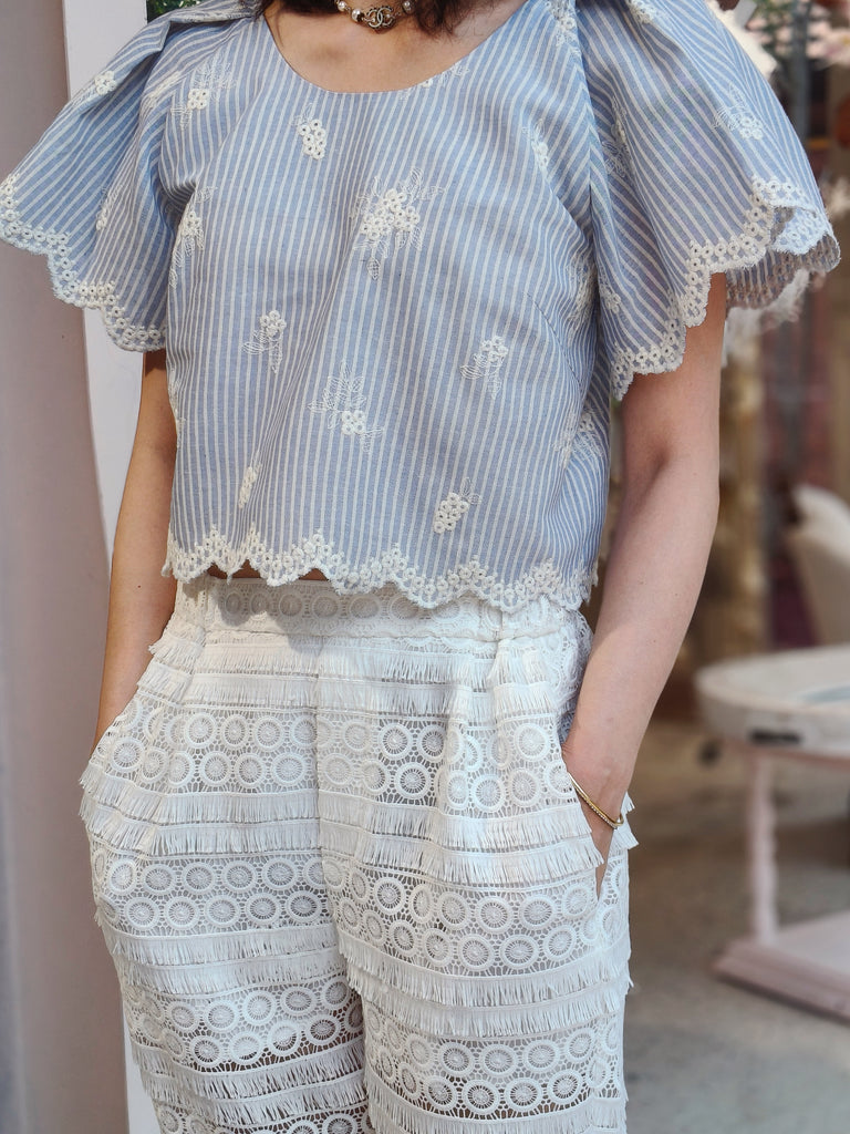 Striped Lace Trim Flutter Sleeve Crop Blouse