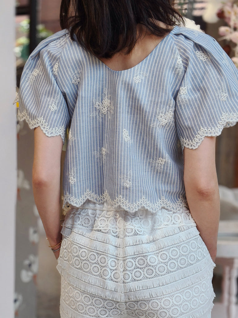 Striped Lace Trim Flutter Sleeve Crop Blouse