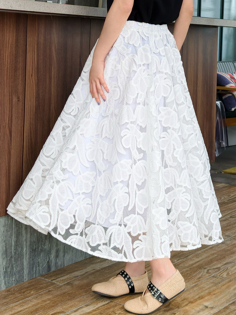 White Floral Embroidered Mesh Elastic Waist Midi Skirt