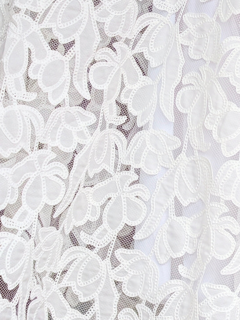 White Floral Embroidered Mesh Elastic Waist Midi Skirt