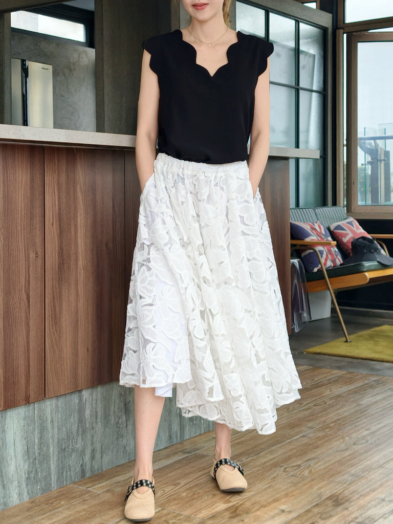 White Floral Embroidered Mesh Elastic Waist Midi Skirt