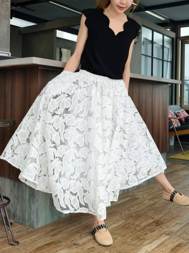 White Floral Embroidered Mesh Elastic Waist Midi Skirt