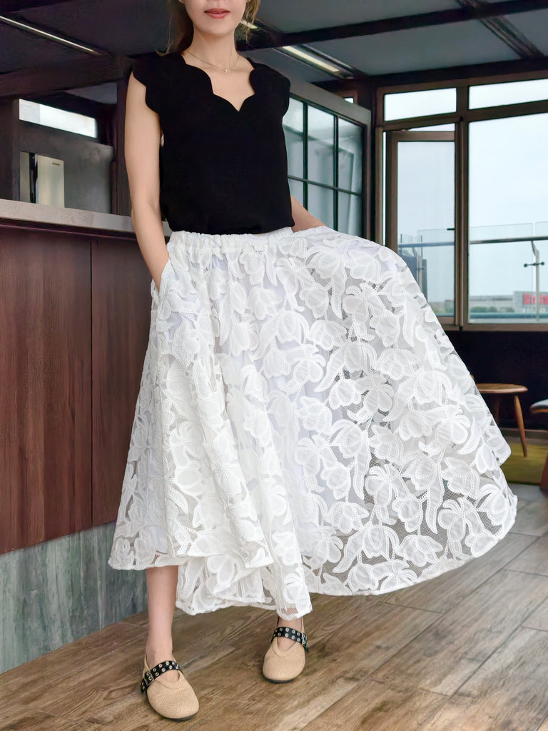 White Floral Embroidered Mesh Elastic Waist Midi Skirt
