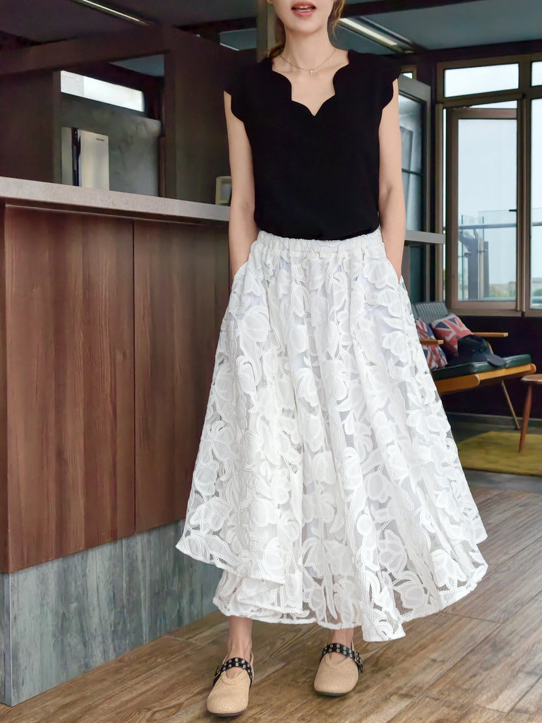White Floral Embroidered Mesh Elastic Waist Midi Skirt