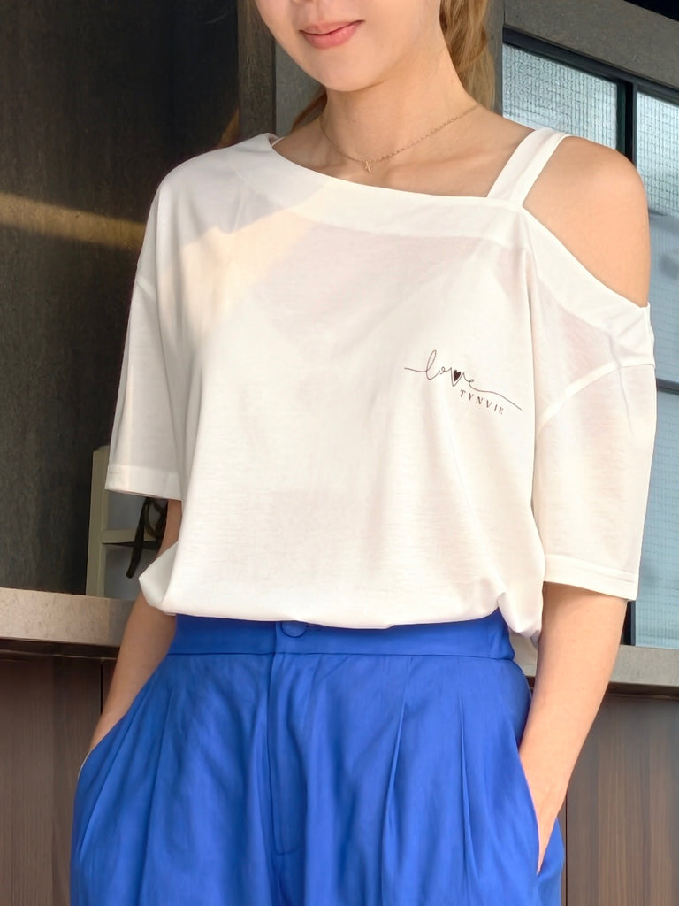 White Asymmetric Cold Shoulder "Love TYNVIE" Logo Tee