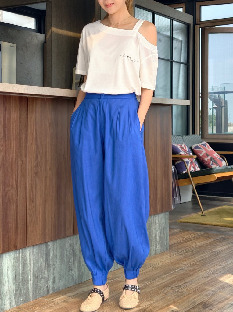 Vibrant Blue Elastic Back Waist Tapered Cuff Relaxed Trousers