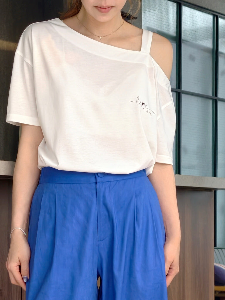 White Asymmetric Cold Shoulder "Love TYNVIE" Logo Tee