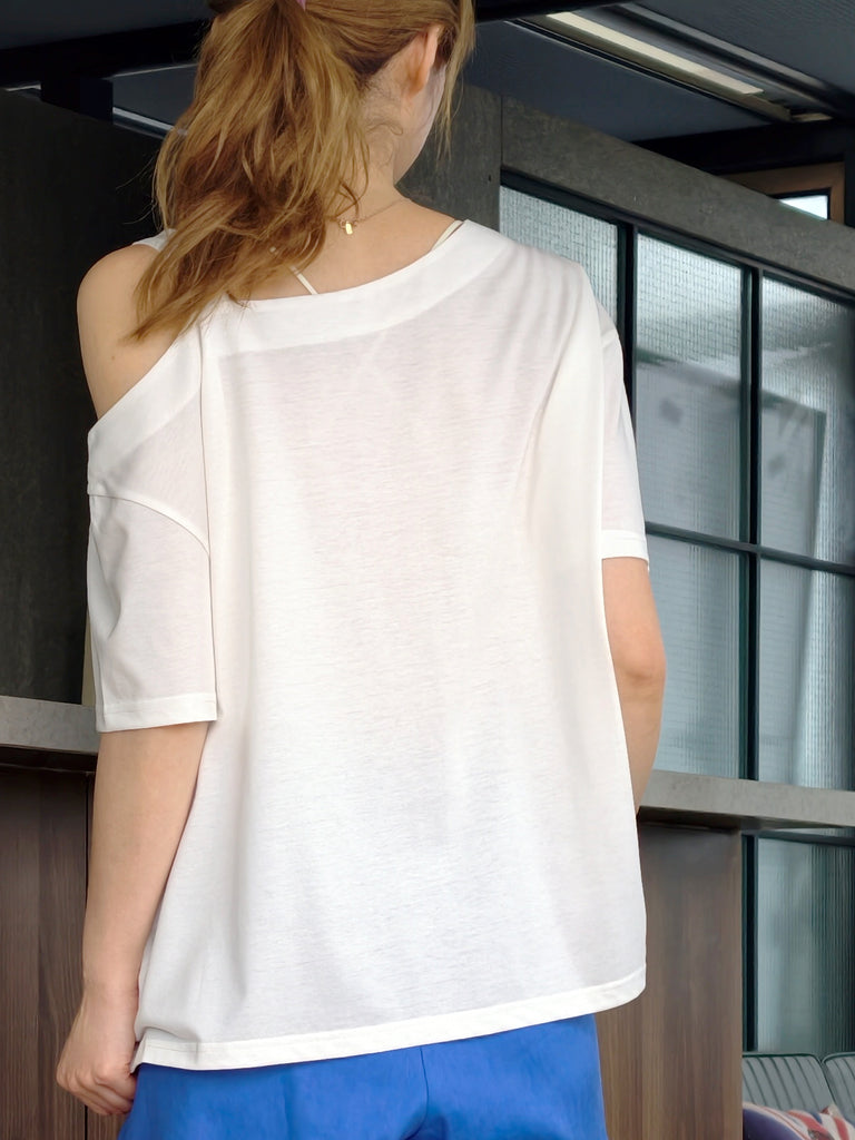 White Asymmetric Cold Shoulder "Love TYNVIE" Logo Tee