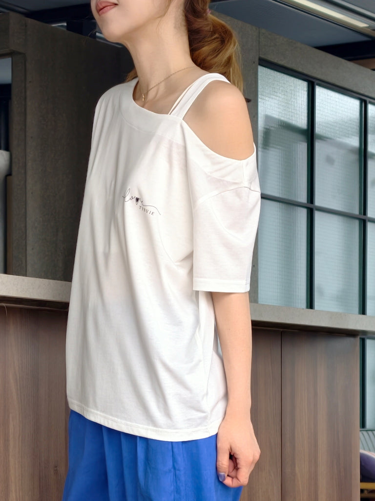 White Asymmetric Cold Shoulder "Love TYNVIE" Logo Tee