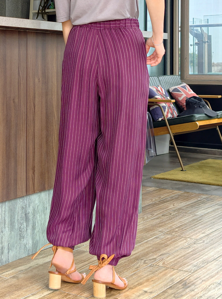 Purple Stripe Elastic Back Waist Tapered Cuff Relaxed Trousers