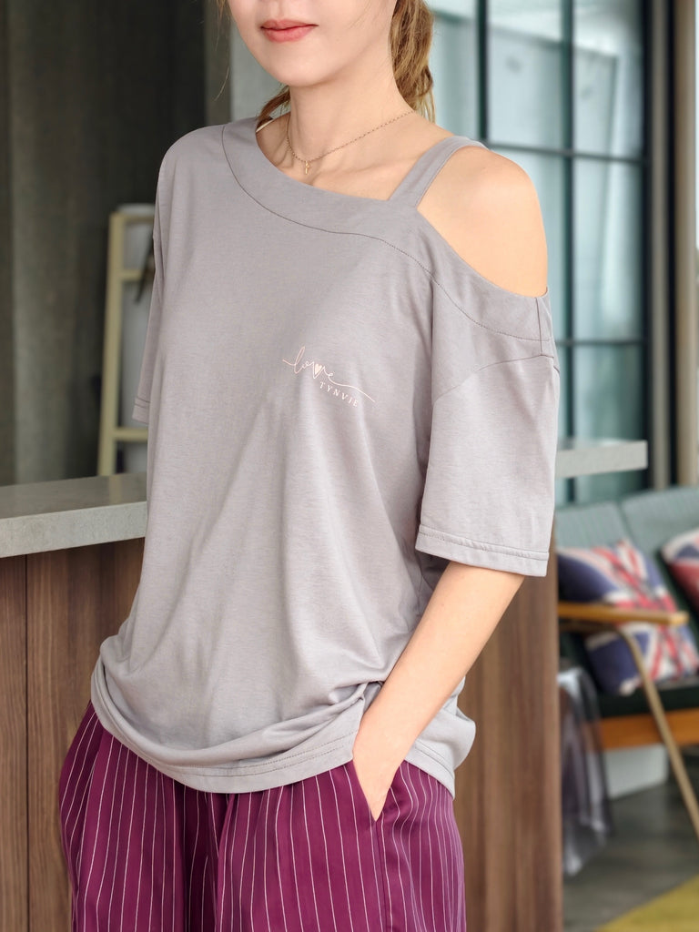 Grey Asymmetric Cold Shoulder "Love TYNVIE" Logo Tee