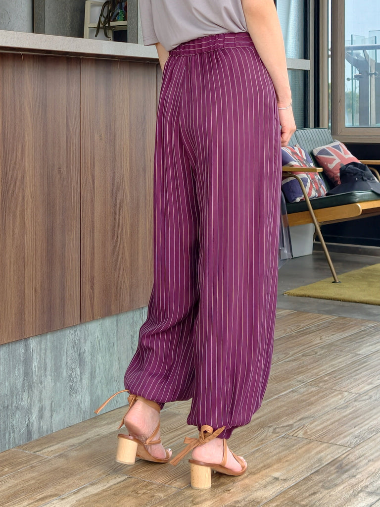 Purple Stripe Elastic Back Waist Tapered Cuff Relaxed Trousers