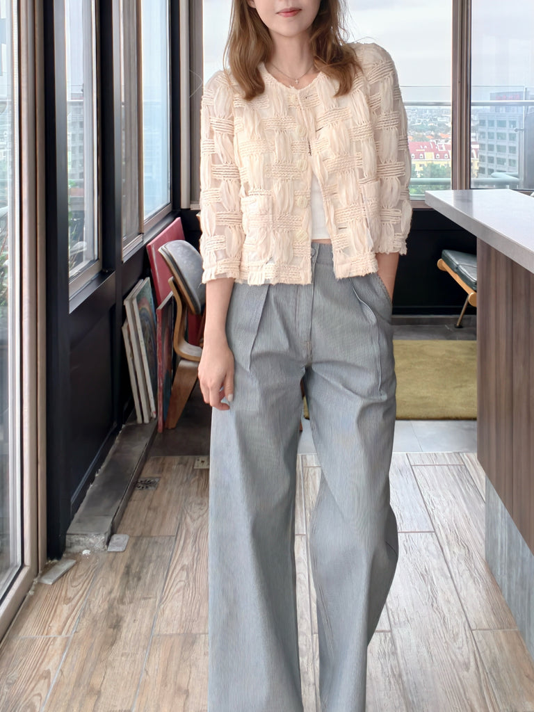 Ivory Textured Woven Pattern Mesh Square Lace Slim Fit Jacket