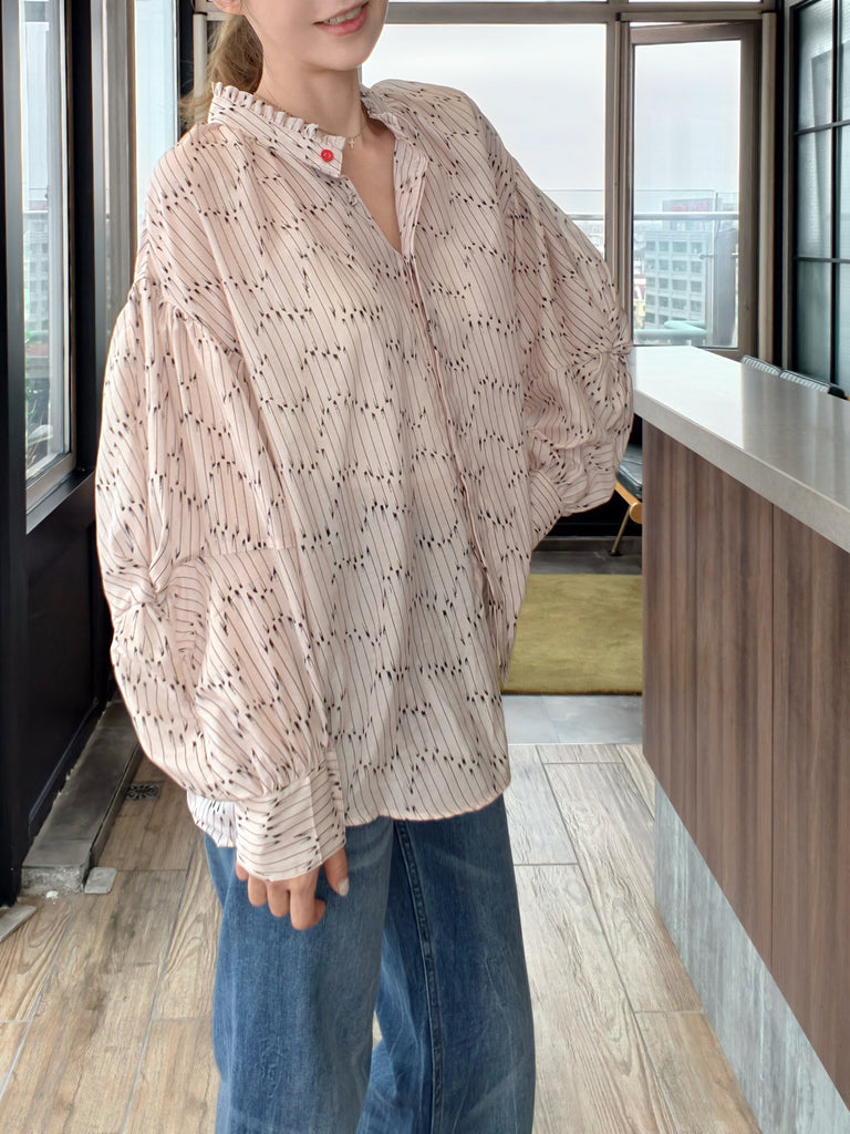Blush Pink Striped Knot Detail Balloon Sleeve Longline Blouse