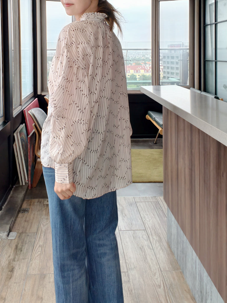 Blush Pink Striped Knot Detail Balloon Sleeve Longline Blouse