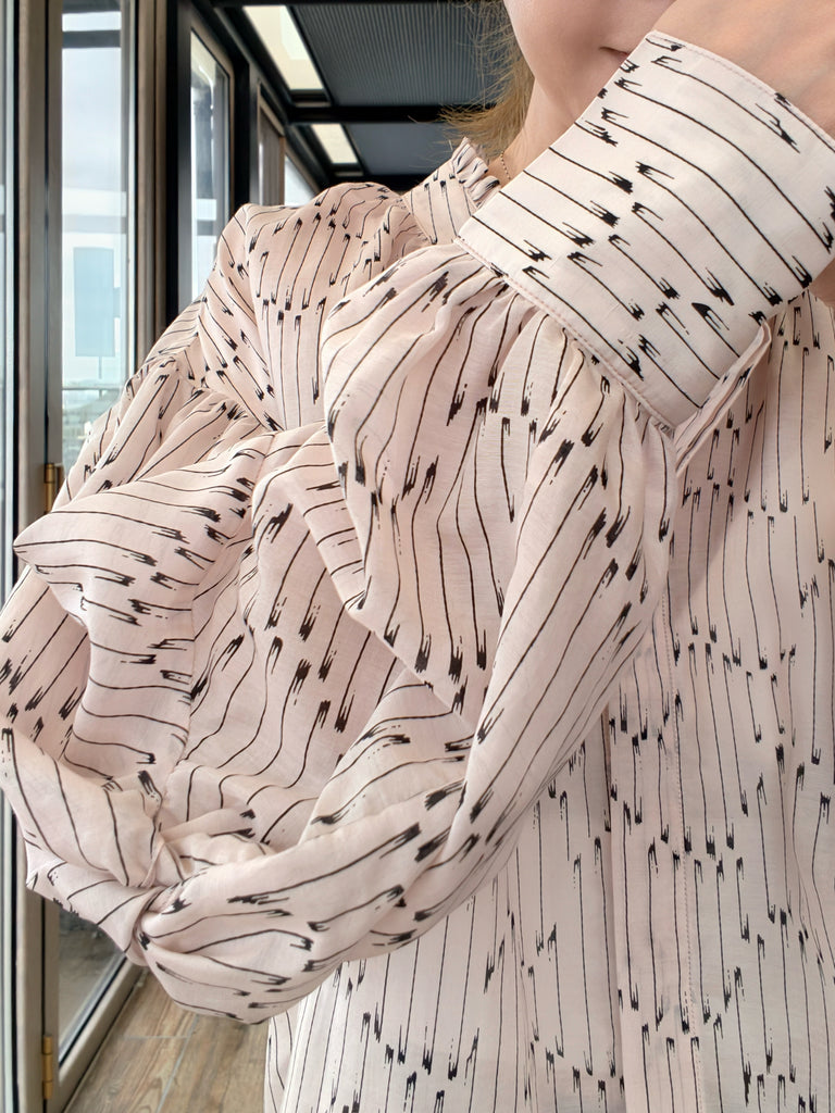 Blush Pink Striped Knot Detail Balloon Sleeve Longline Blouse