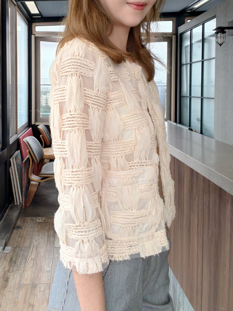 Ivory Textured Woven Pattern Mesh Square Lace Slim Fit Jacket