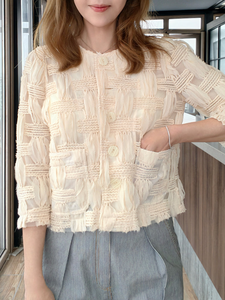 Ivory Textured Woven Pattern Mesh Square Lace Slim Fit Jacket