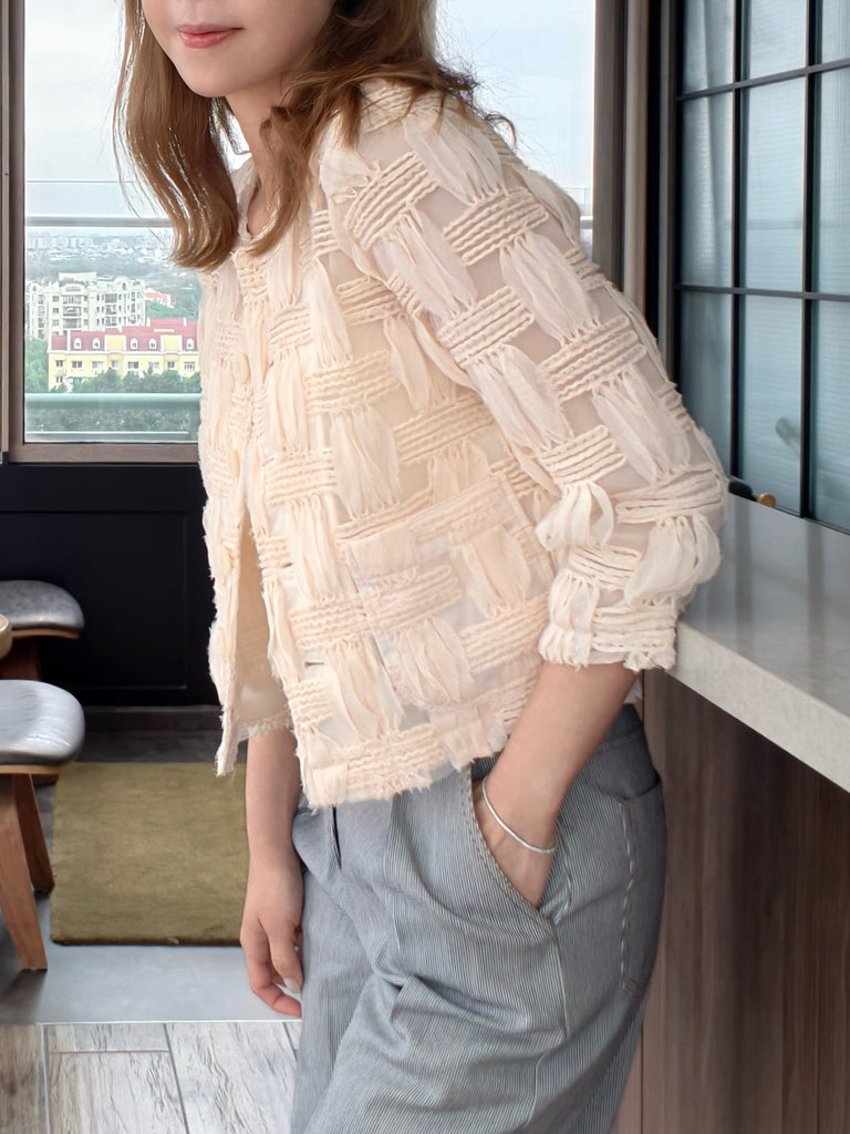 Ivory Textured Woven Pattern Mesh Square Lace Slim Fit Jacket
