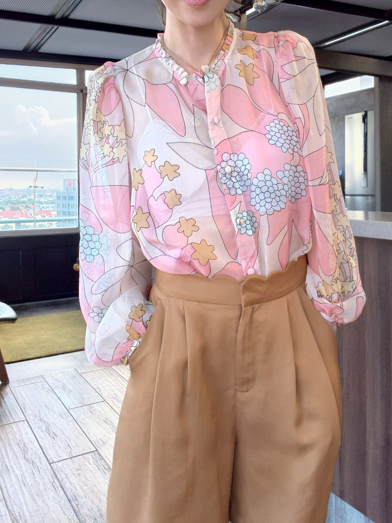 Pinky Floral Ruffle Collar Balloon Sleeve Cotton Silk Blouse