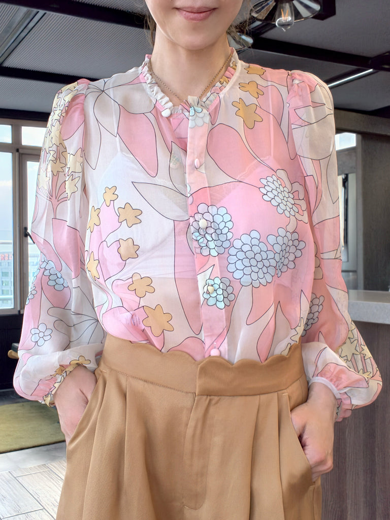 Pinky Floral Ruffle Collar Balloon Sleeve Cotton Silk Blouse
