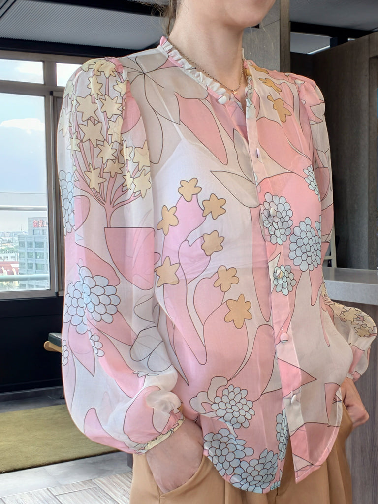 Pinky Floral Ruffle Collar Balloon Sleeve Cotton Silk Blouse