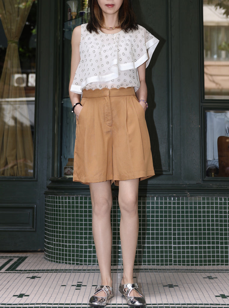 White Print Drape Ruffle Asymmetric Sleeveless Silk Top