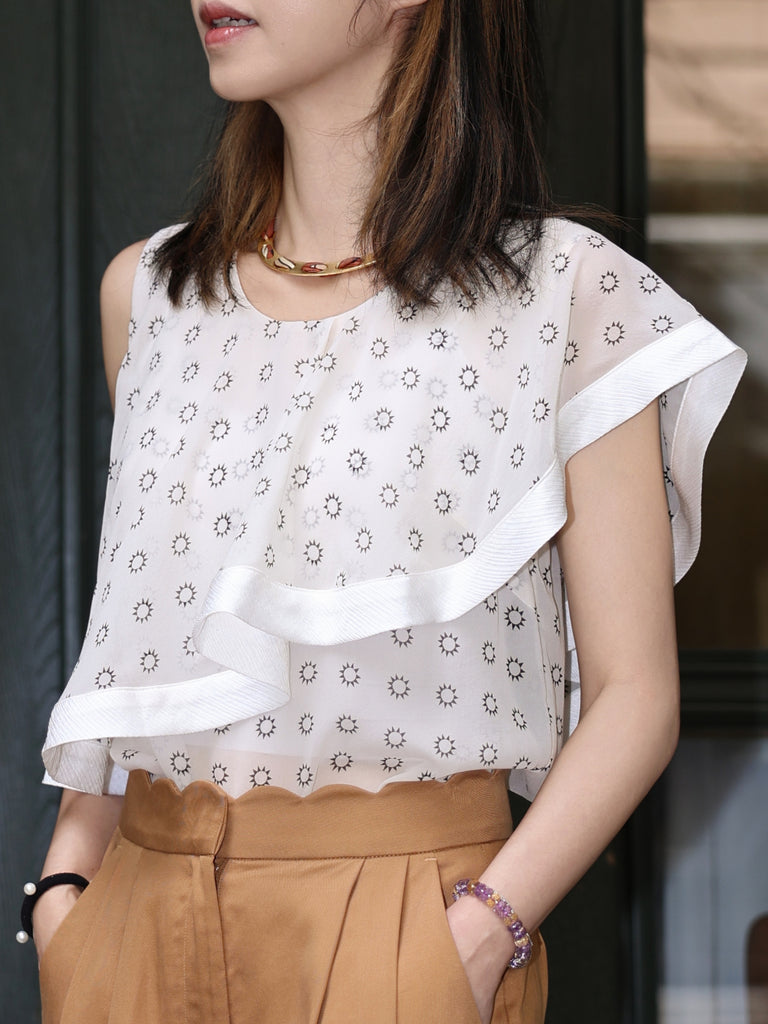 White Print Drape Ruffle Asymmetric Sleeveless Silk Top