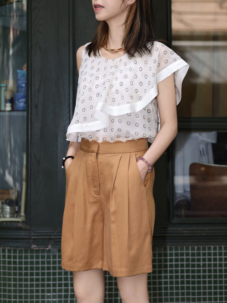 White Print Drape Ruffle Asymmetric Sleeveless Silk Top