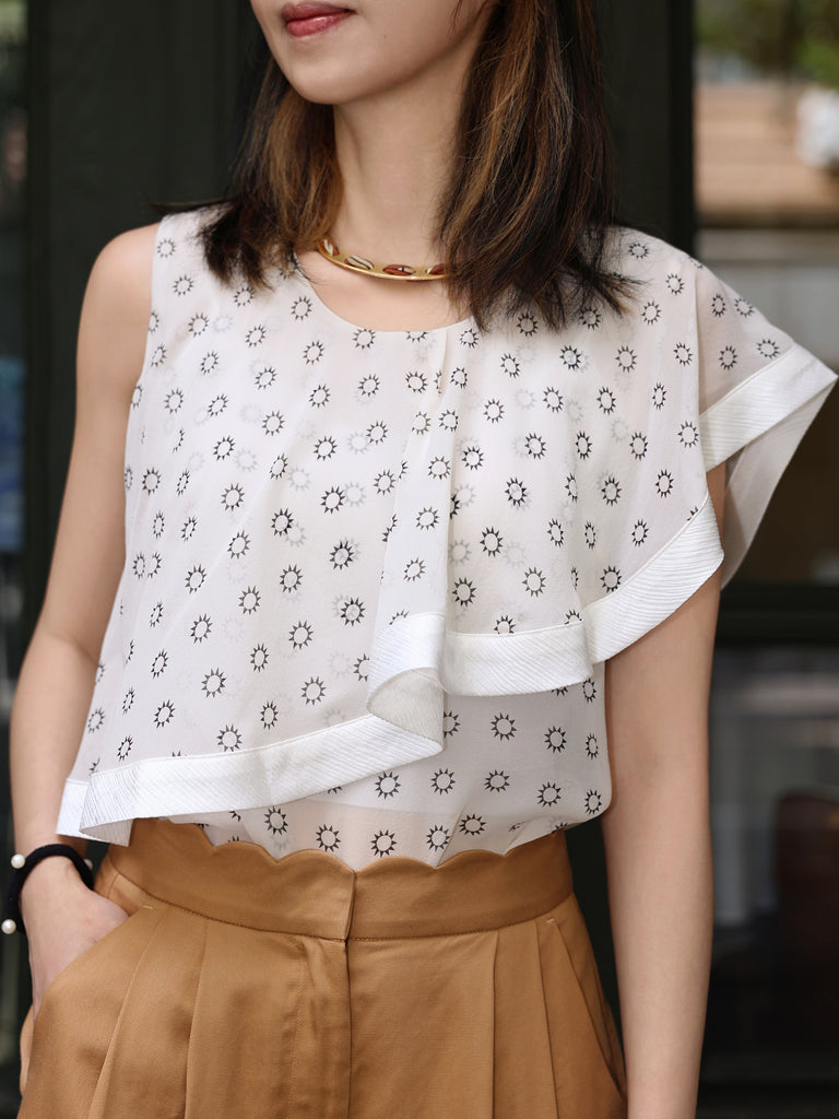 White Print Drape Ruffle Asymmetric Sleeveless Silk Top