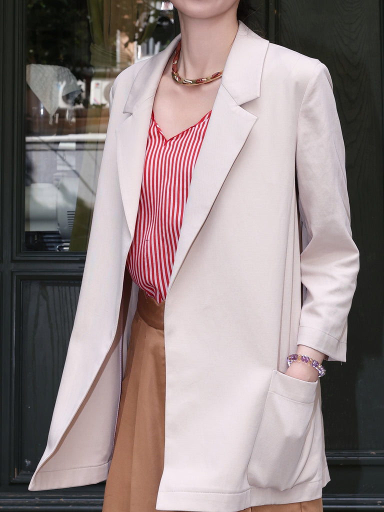 Beige Khaki Quarter Sleeve Open Front Unlined Blazer