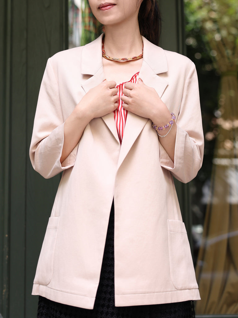 Beige Khaki Quarter Sleeve Open Front Unlined Blazer