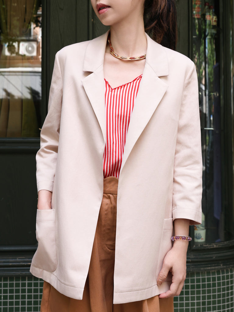 Beige Khaki Quarter Sleeve Open Front Unlined Blazer